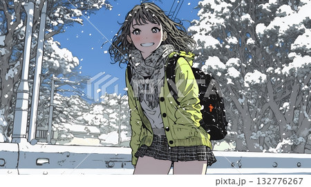 雪の積もる田舎道を歩いている若い女性