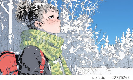 雪の積もる田舎道を歩いている若い女性