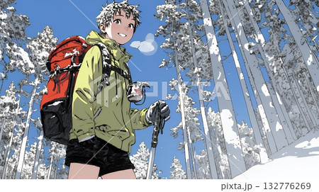 雪の積もる田舎道を歩いている若い女性