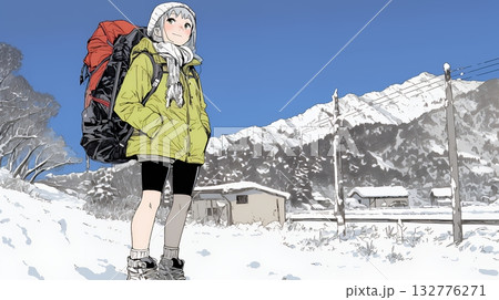 雪の積もる田舎道を歩いている若い女性