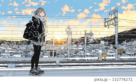 雪の積もる田舎道を歩いている若い女性