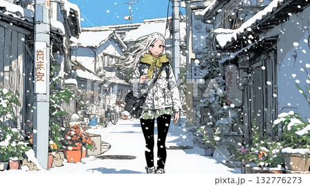 雪の積もる田舎道を歩いている若い女性