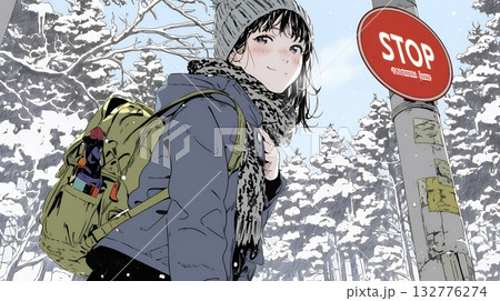 雪の積もる田舎道を歩いている若い女性
