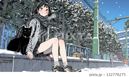 雪の積もる田舎道を歩いている若い女性