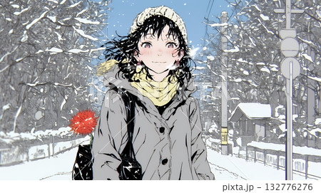 雪の積もる田舎道を歩いている若い女性