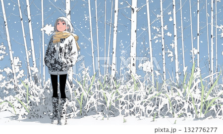 雪の積もる田舎道を歩いている若い女性