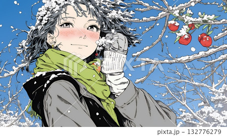 雪の積もる田舎道を歩いている若い女性