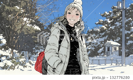 雪の積もる田舎道を歩いている若い女性