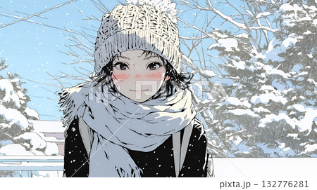 雪の積もる田舎道を歩いている若い女性
