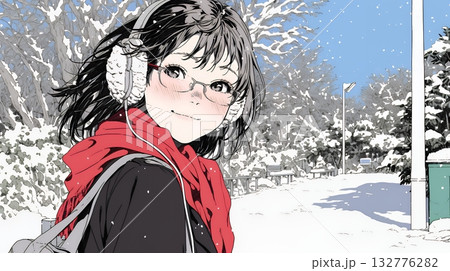 雪の積もる田舎道を歩いている若い女性
