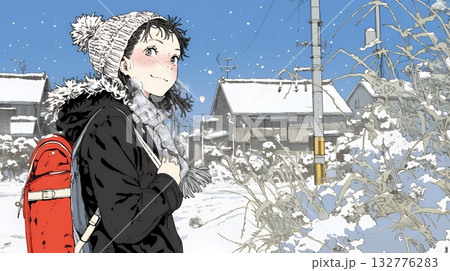 雪の積もる田舎道を歩いている若い女性