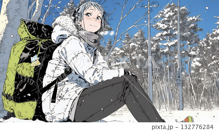 雪の積もる田舎道を歩いている若い女性