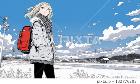 雪の積もる田舎道を歩いている若い女性