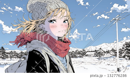 雪の積もる田舎道を歩いている若い女性