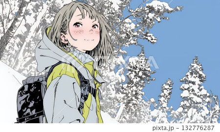 雪の積もる田舎道を歩いている若い女性 雪の積もる田舎道を歩いている若い女性 132776287