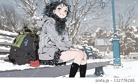 雪の積もる田舎道を歩いている若い女性