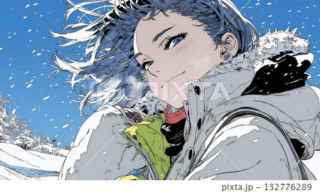 雪の積もる田舎道を歩いている若い女性