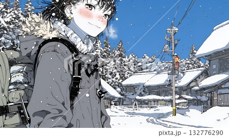 雪の積もる田舎道を歩いている若い女性