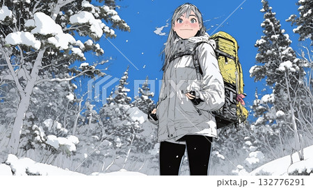 雪の積もる田舎道を歩いている若い女性