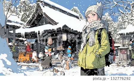 雪の積もる田舎道を歩いている若い女性