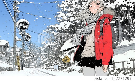 雪の積もる田舎道を歩いている若い女性