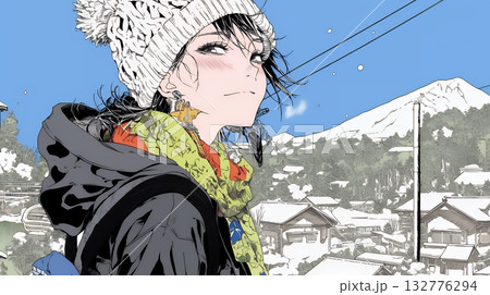 雪の積もる田舎道を歩いている若い女性