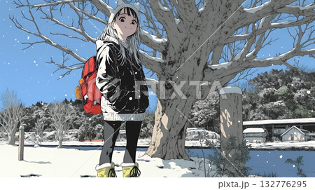 雪の積もる田舎道を歩いている若い女性