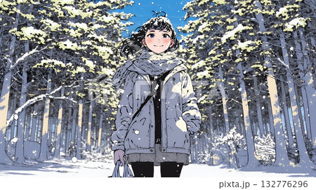雪の積もる田舎道を歩いている若い女性