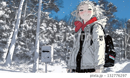 雪の積もる田舎道を歩いている若い女性