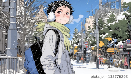 雪の積もる田舎道を歩いている若い女性