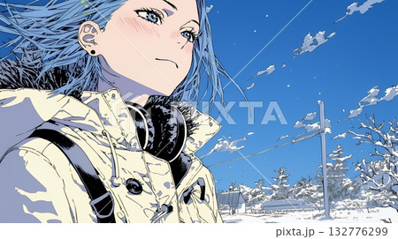 雪の積もる田舎道を歩いている若い女性