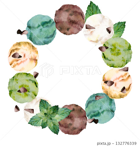 Nutty green pistachio scoop with chocolate chips, cocoa flake topping, mint leaves. Isolated wreath frame illustration hand drawn in watercolor. Frozen treat decor, cafe signage, product branding. Nutty green pistachio scoop with chocolate chips, cocoa flake topping, mint leaves. Isolated wreath frame illustration hand drawn in watercolor. Frozen treat decor, cafe signage, product branding. 132776339
