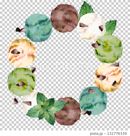 Nutty green pistachio scoop with chocolate chips, cocoa flake topping, mint leaves. Isolated wreath frame illustration hand drawn in watercolor. Frozen treat decor, cafe signage, product branding. Nutty green pistachio scoop with chocolate chips, cocoa flake topping, mint leaves. Isolated wreath frame illustration hand drawn in watercolor. Frozen treat decor, cafe signage, product branding. 132776339