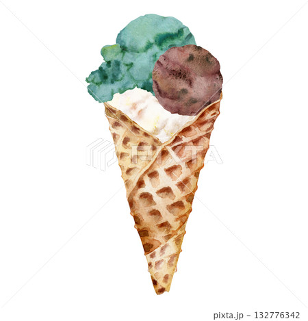 Mint and chocolate chip gelato ice cream scoop balls in crispy baked waffle cone. Isolated illustration hand drawn in watercolor. Dessert menu, product label, summer fair decor, snack sticker. Mint and chocolate chip gelato ice cream scoop balls in crispy baked waffle cone. Isolated illustration hand drawn in watercolor. Dessert menu, product label, summer fair decor, snack sticker. 132776342