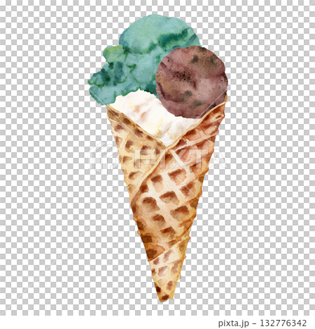 Mint and chocolate chip gelato ice cream scoop balls in crispy baked waffle cone. Isolated illustration hand drawn in watercolor. Dessert menu, product label, summer fair decor, snack sticker. Mint and chocolate chip gelato ice cream scoop balls in crispy baked waffle cone. Isolated illustration hand drawn in watercolor. Dessert menu, product label, summer fair decor, snack sticker. 132776342