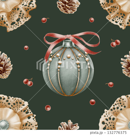 Christmas seamless pattern-vintage lace bow brooch with pearl,Christmas tree ball in blue velvet with red ribbon in bow,pearls beads and gold threads,pine cones with red sharrow berries on dark green 132776375