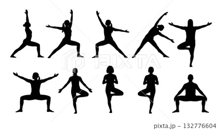 set silhouette of people doing yoga pose set silhouette of people doing yoga pose 132776604