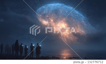 人々が抱く生成AIの抽象的なイメージ：人々が見上げる輝く脳がある