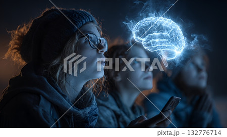 人々が抱く生成AIの抽象的なイメージ：人々が見上げる輝く脳がある