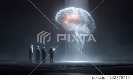 人々が抱く生成AIの抽象的なイメージ：人々が見上げる輝く脳がある