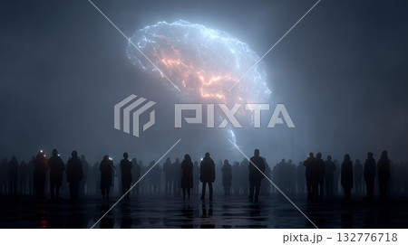 人々が抱く生成AIの抽象的なイメージ：人々が見上げる輝く脳がある