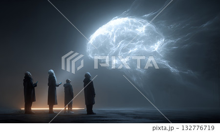 人々が抱く生成AIの抽象的なイメージ：人々が見上げる輝く脳がある