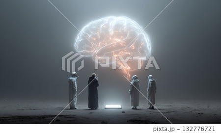 人々が抱く生成AIの抽象的なイメージ：人々が見上げる輝く脳がある