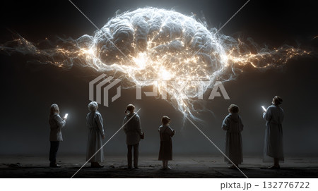 人々が抱く生成AIの抽象的なイメージ：人々が見上げる輝く脳がある