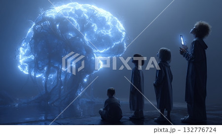 人々が抱く生成AIの抽象的なイメージ：人々が見上げる輝く脳がある