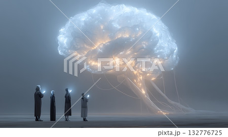 人々が抱く生成AIの抽象的なイメージ：人々が見上げる輝く脳がある