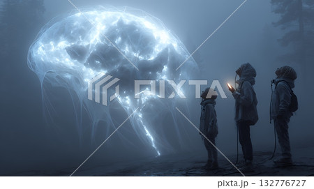 人々が抱く生成AIの抽象的なイメージ：人々が見上げる輝く脳がある