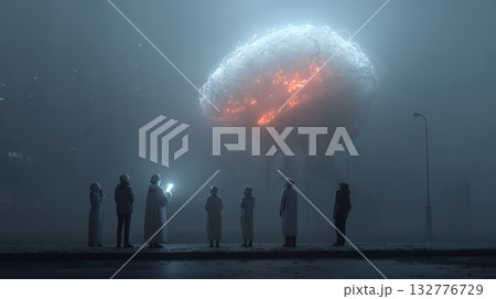 人々が抱く生成AIの抽象的なイメージ：人々が見上げる輝く脳がある