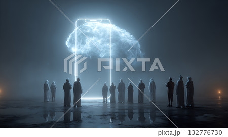 人々が抱く生成AIの抽象的なイメージ：人々が見上げる輝く脳がある