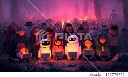 人々が抱く生成AIの抽象的なイメージ：ロボットのような人間がPCを操作している